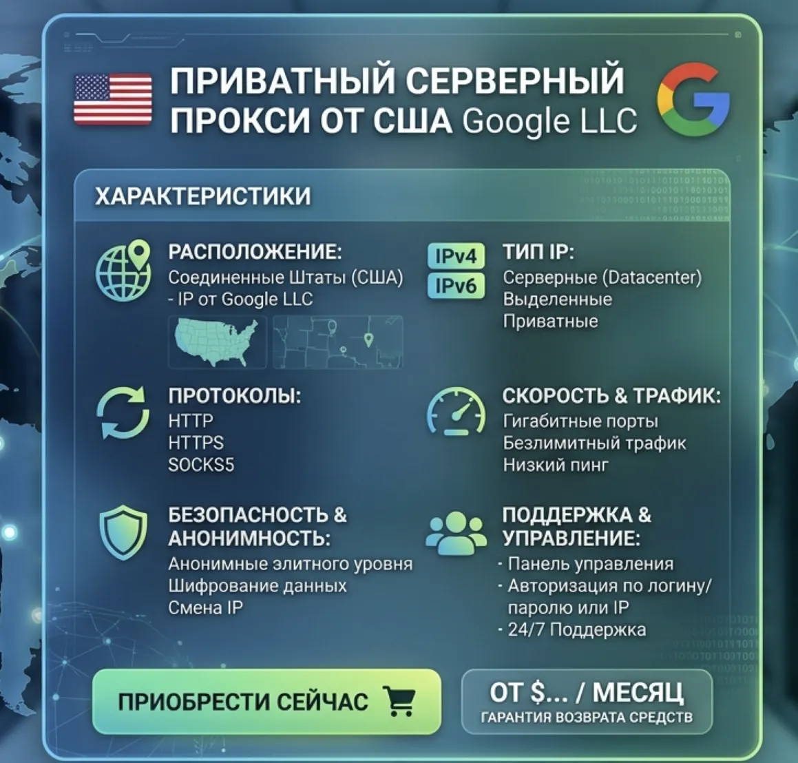 Прокси USA  Провайдер: Google LLC Смена  IP  тип HTTPS / Socks5