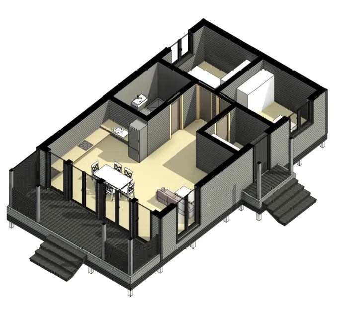 FH-14 — каркасный дом 96,4 м², 2 спальни, 1 санузел, терраса