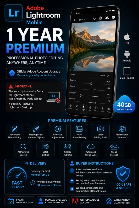 Adobe Lightroom Mobile Premium 1 год | Глобальная версия | iOS Android | 40 ГБ в обла - irongamers.ru