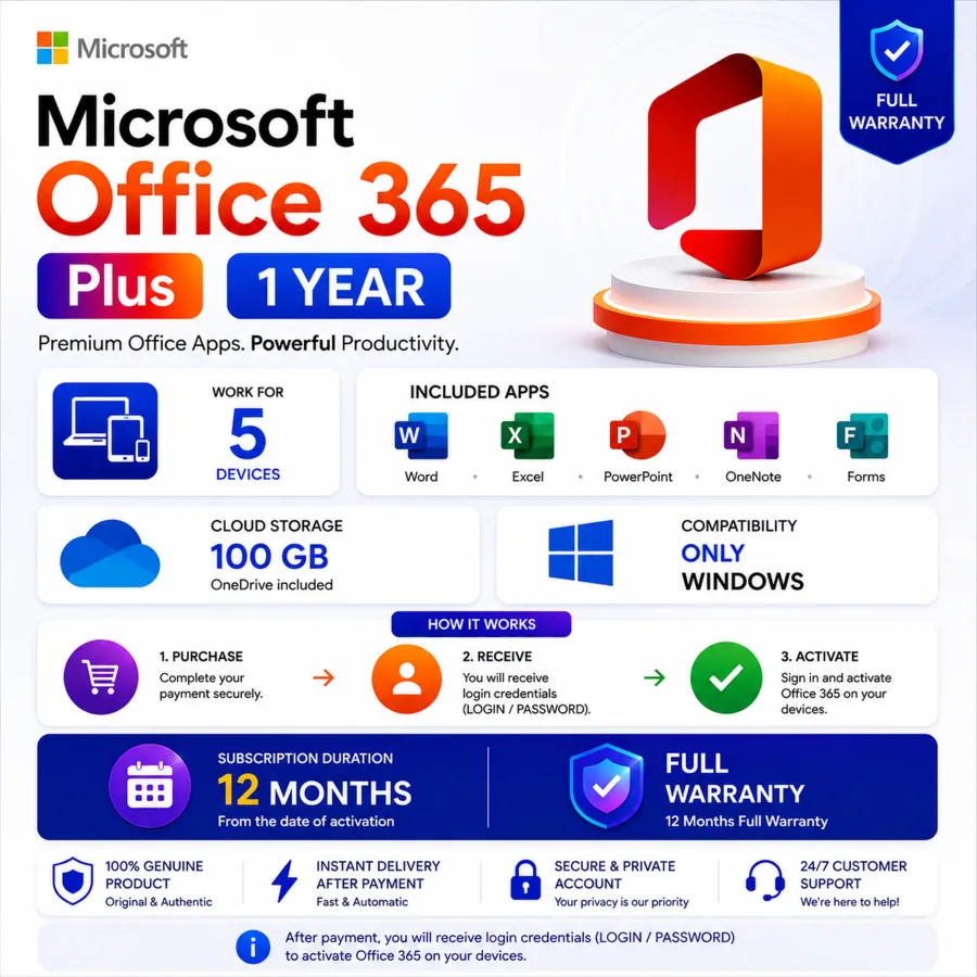 🛍 ️ Microsoft Office 365 Plus — 1 год | 5 устройств | 100 ГБ в OneDrive | Windows