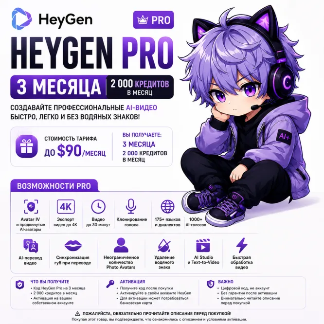 HeyGen Pro 3 месяца | 2 000 кредитов | Avatar IV | 4K | Voice Clone | AI Video | Код