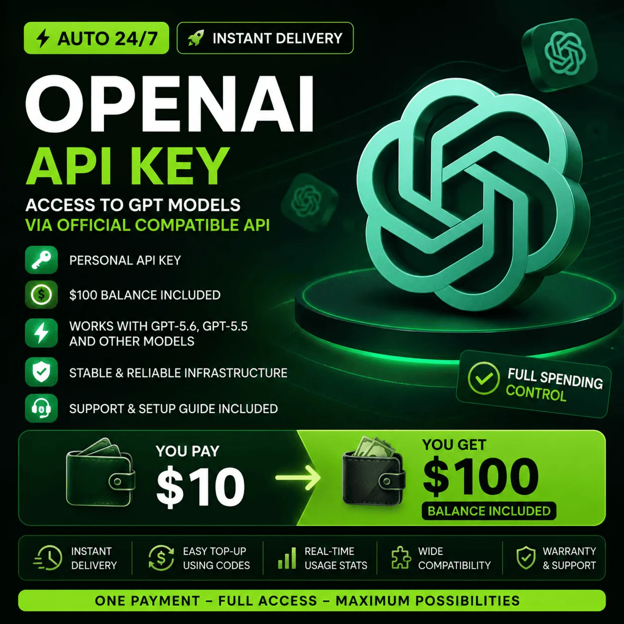 [АВТО 24/7] Баланс $100 | OpenAI API Key | GPT-5.6 | GPT-5.5 | Мгновенная выдача