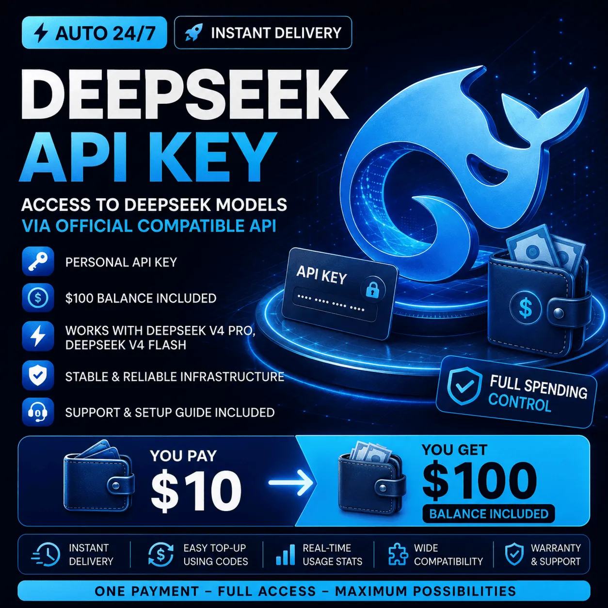 [АВТО 24/7] Баланс $100 | DeepSeek API Key | DeepSeek V4 Pro | DeepSeek V4 Flash