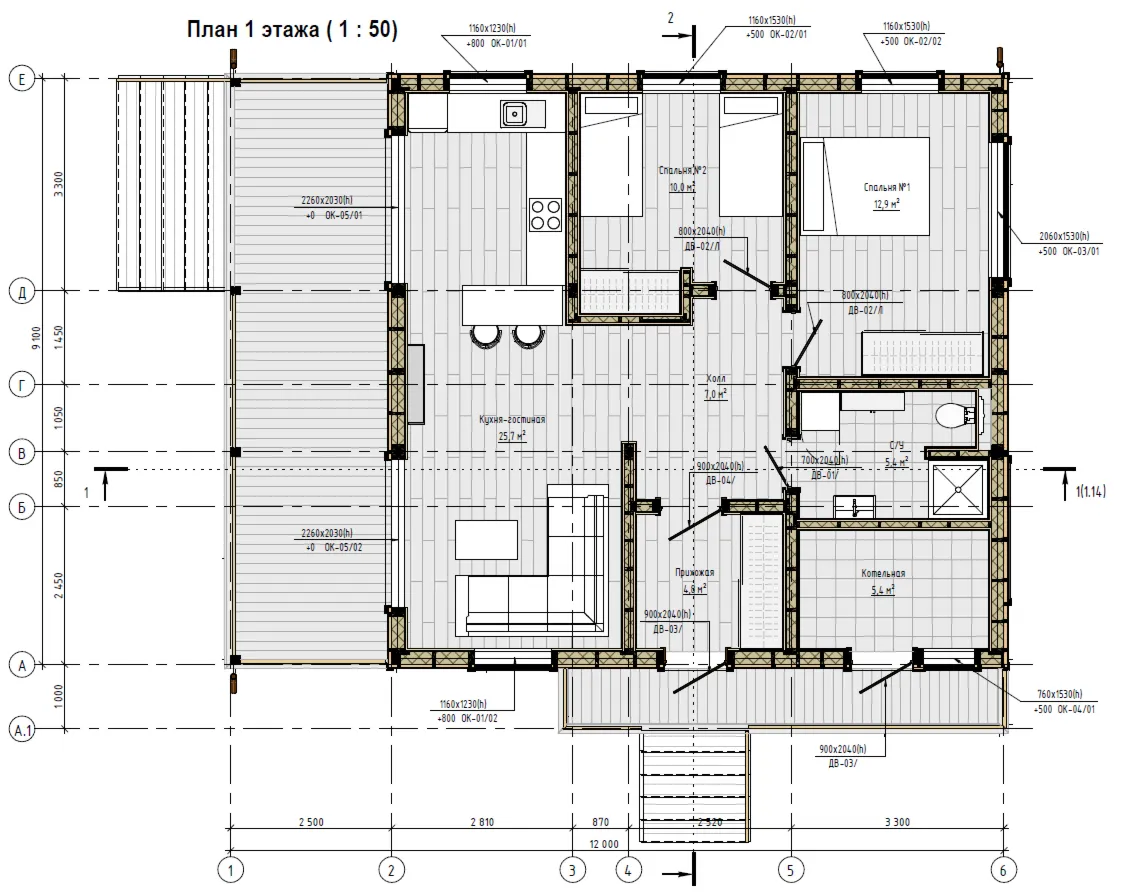 FH-15 — каркасный дом 119,5 м², 2 спальни, санузел, котельная, терраса