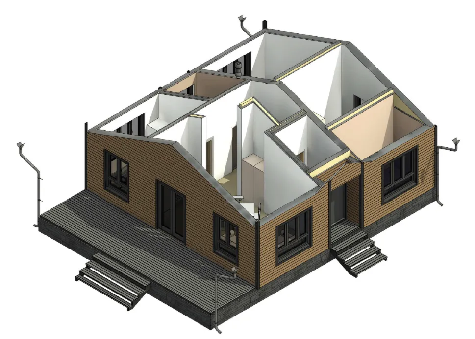 FH-16 — каркасный дом 112,4 м², 3 спальни, 1 санузел, котельная, терраса