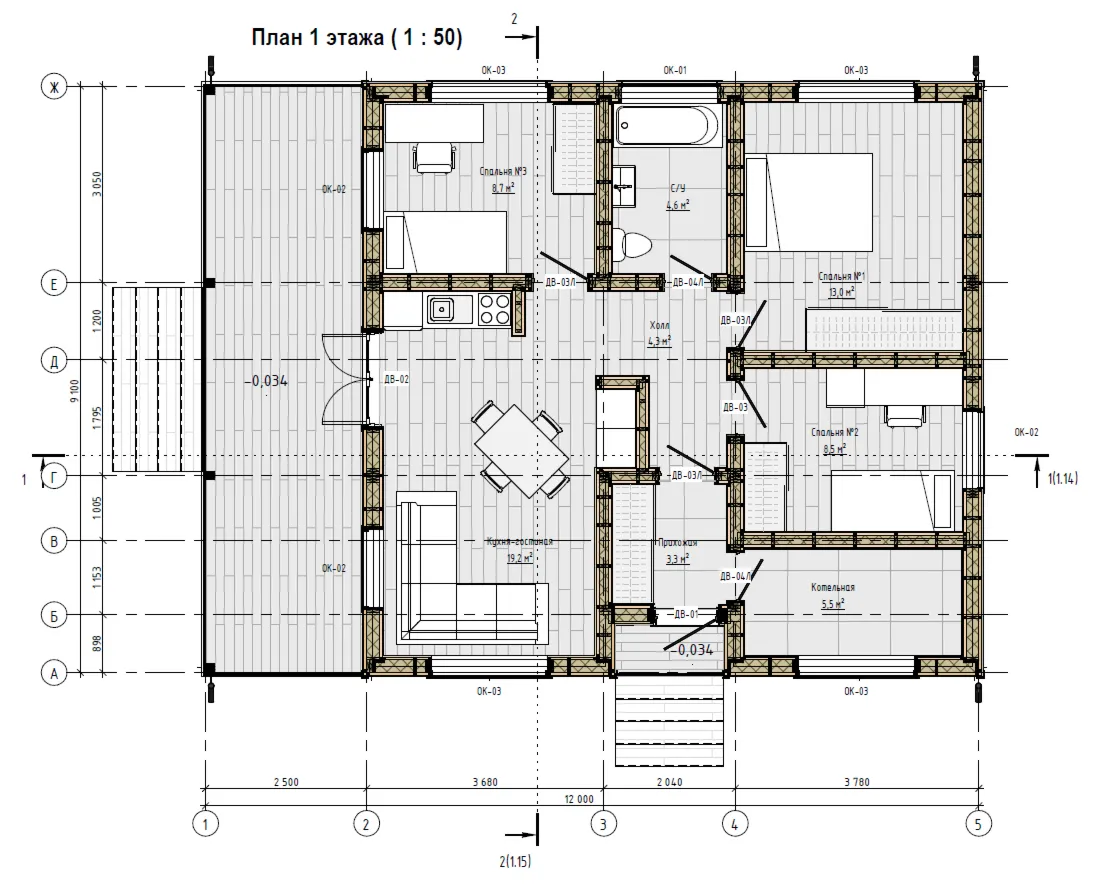 FH-16 — каркасный дом 112,4 м², 3 спальни, 1 санузел, котельная, терраса