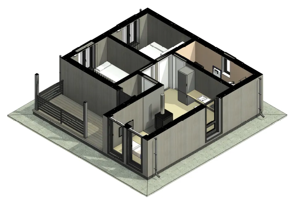 FH-18 — каркасный дом 66,5 м², 2 спальни, 1 санузел, терраса