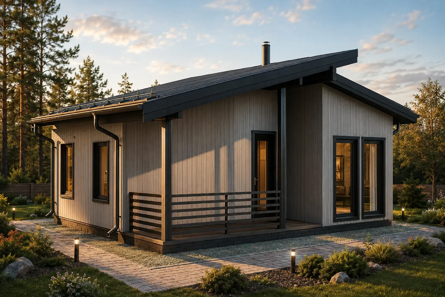 FH-18 — каркасный дом 66,5 м², 2 спальни, 1 санузел, терраса
