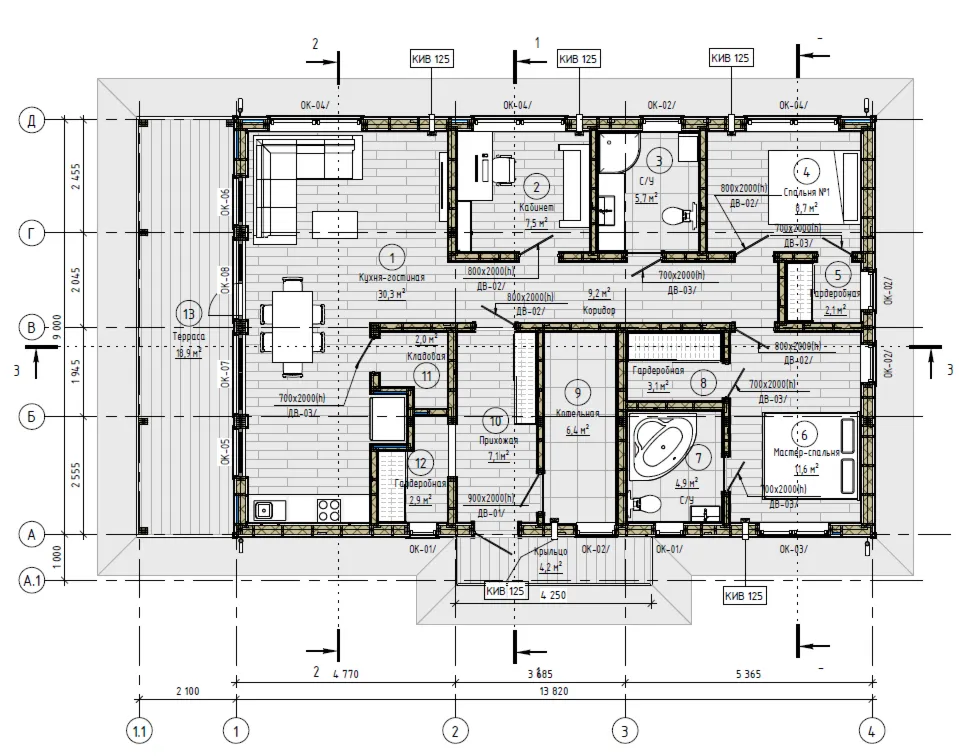 FH-20 — каркасный дом 151,2 м², 2 спальни, 2 санузла, котельная, терраса