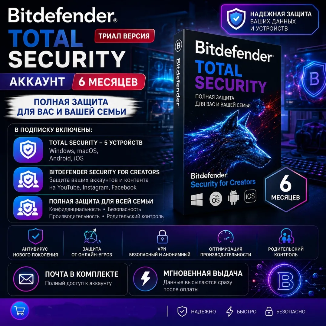 Bitdefender Total Security - 6 месяцев до 05.02.2027 (Аккаунт) - irongamers.ru