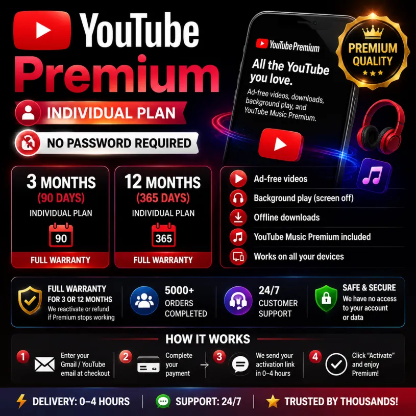 🔥 YouTube Premium 🎬 ✨ 3 / 12 месяцев ⏳ | 👤 Индивидуальный доступ | 🔑 Без пароля |