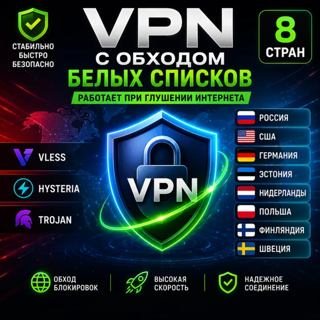 🔥  с обходом белых списков — VLESS / Hysteria / Trojan | 8 стран
