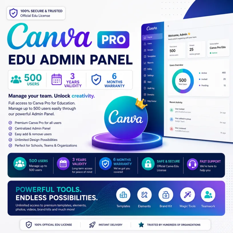 Canva Edu Admin Panel — 500 пользователей | 3 года | Гарантия 6 месяцев