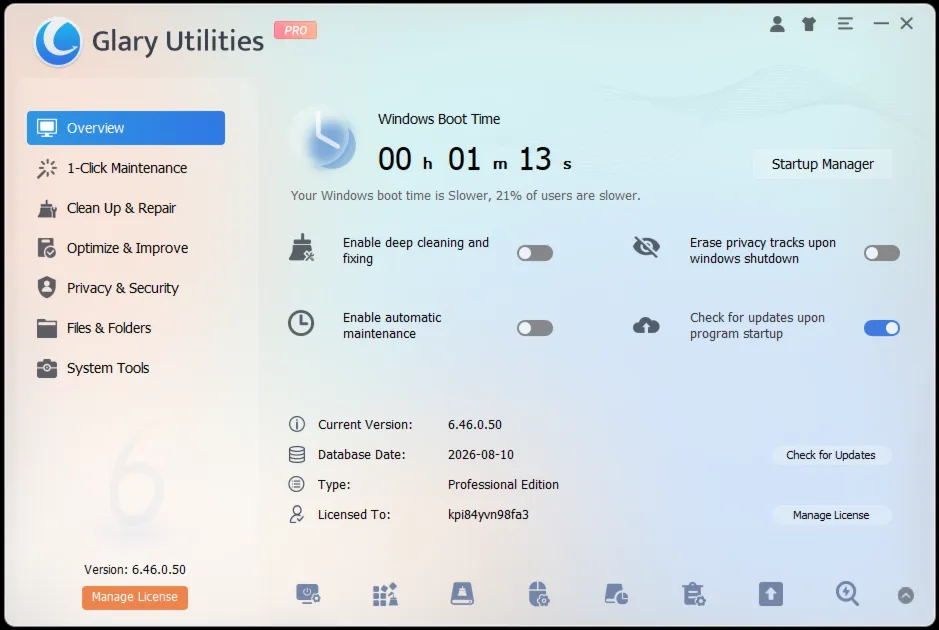 Glary Utilities PRO Лицензионный код до 13.08.2027