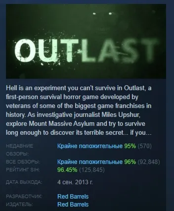 Outlast АВТОДОСТАВКА STEAM GLOBAL МГНОВЕННО ЛИЦЕНЗИЯ