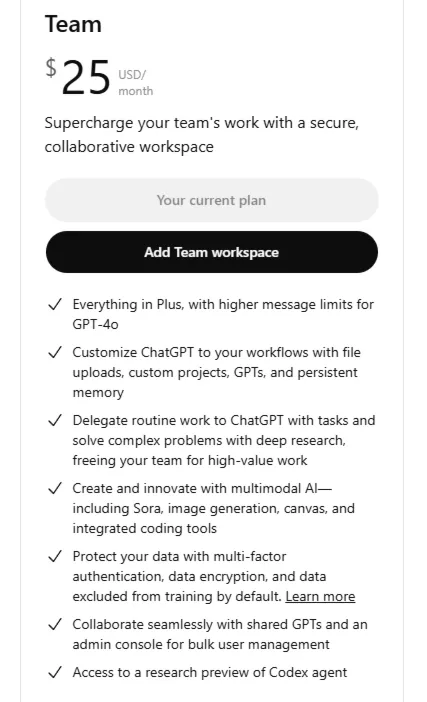 Частный аккаунт ChatGPT Team Plan (до 5 пользователей)