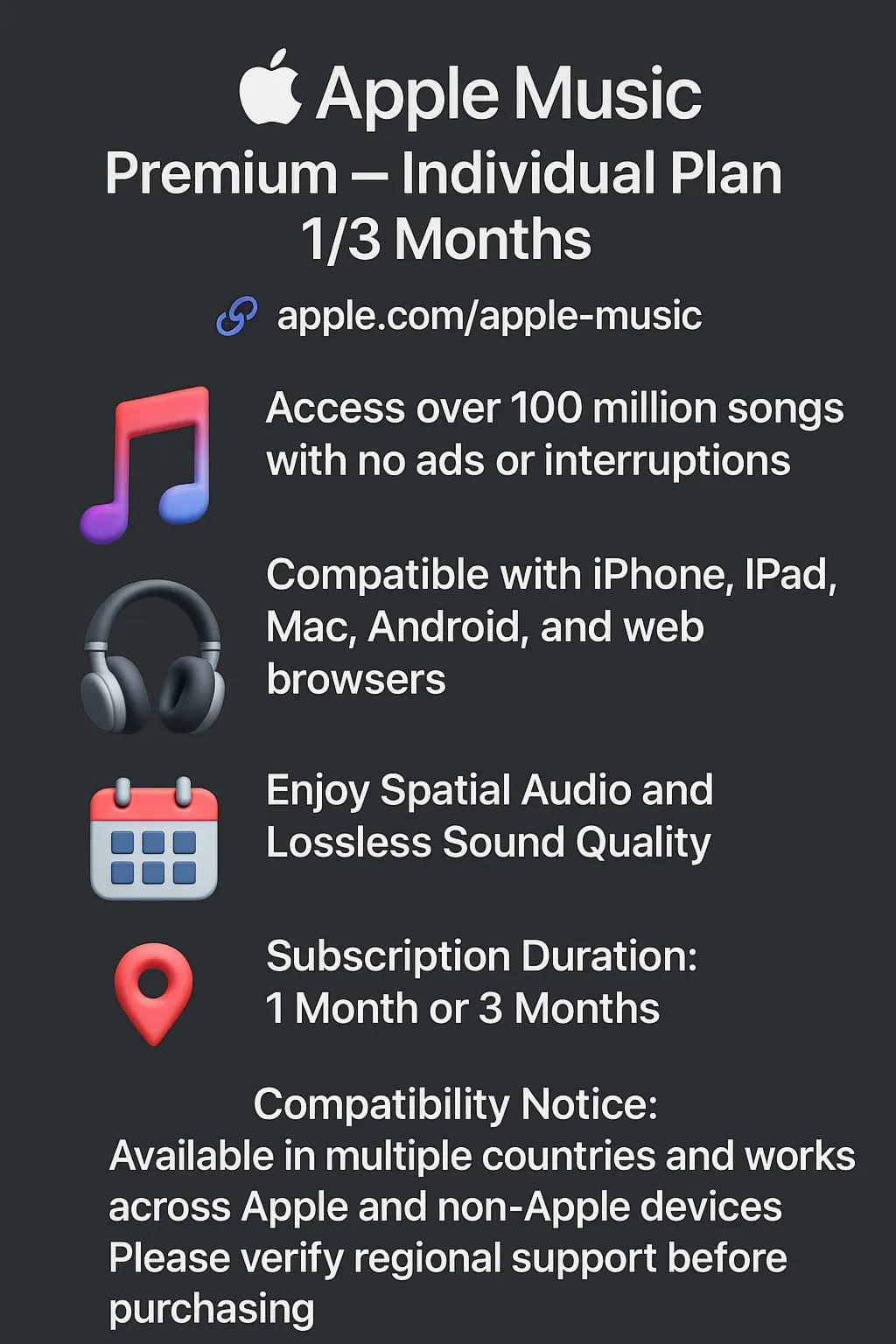 Apple Music Premium - Индивидуальный | 1/3М | Быстрая