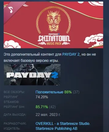 PAYDAY 2: Chinatown Music Pack DLC АВТОДОСТАВКА STEAM РОССИЯ