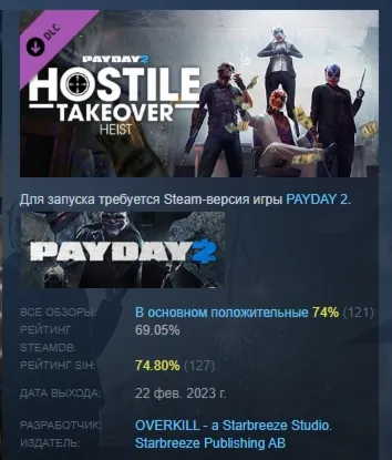 PAYDAY 2 Hostile Takeover Heist DLC АВТОДОСТАВКА STEAM РОССИЯ