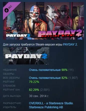 PAYDAY 2: Hotline Miami DLC АВТОДОСТАВКА STEAM РОССИЯ - irongamers.ru