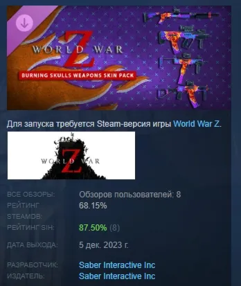 World War Z: Aftermath Burning Skulls Weapons Skin Pack АВТОДОСТАВКА STEAM GLOBAL МГН