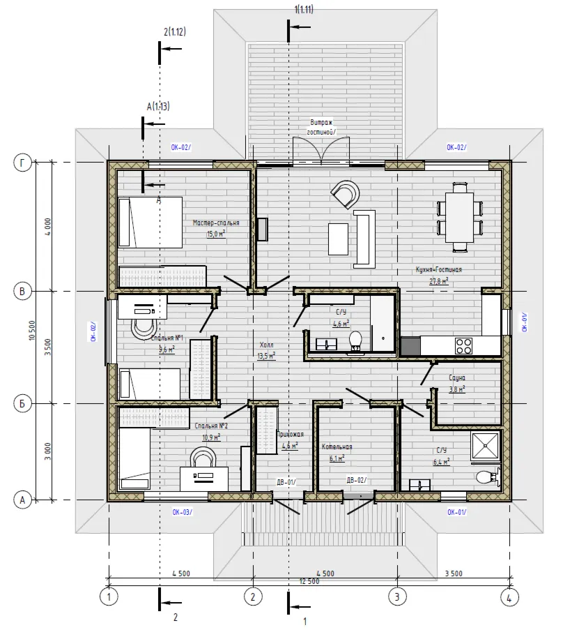 FH-2 — каркасный дом 160,6 м², 3 спальни, мастер спальня, сауна и терраса
