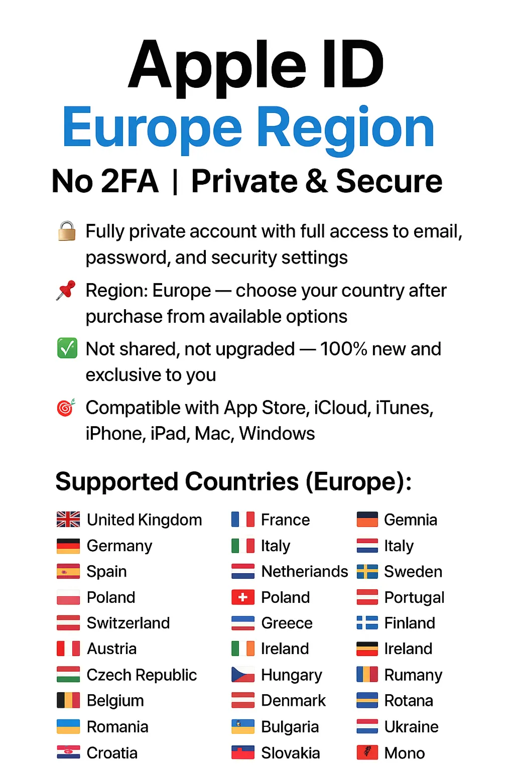 Apple ID Европа: UK + FR + DE + Другие | Без 2FA 🔐 