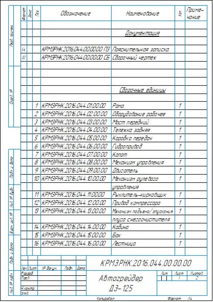 Чертеж и спецификация автогрейдер ДЗ-125