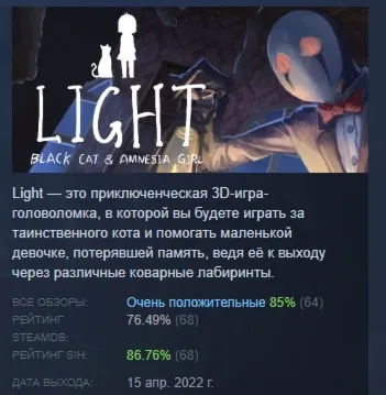 LIGHT：Черная кошка и девушка-амнезия STEAM GIFT РОССИЯ - irongamers.ru
