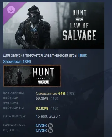 Hunt: Showdown 1896 - Law of Salvage DLC АВТОДОСТАВКА STEAM РОССИЯ