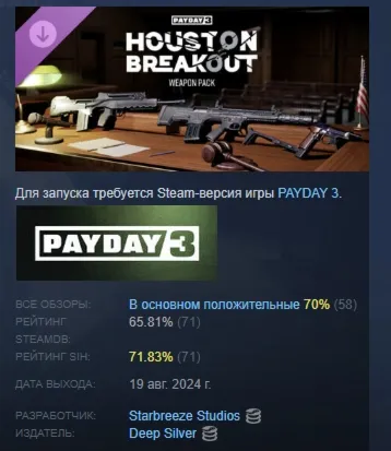 PAYDAY 3: Houston Breakout Weapon Pack DLC АВТОДОСТАВКА STEAM РОССИЯ