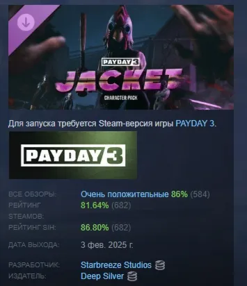 PAYDAY 3: Jacket Character Pack DLC АВТОДОСТАВКА STEAM РОССИЯ