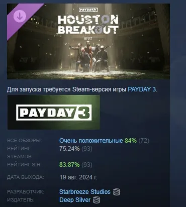 PAYDAY 3: Houston Breakout Heist АВТОДОСТАВКА STEAM РОССИЯ