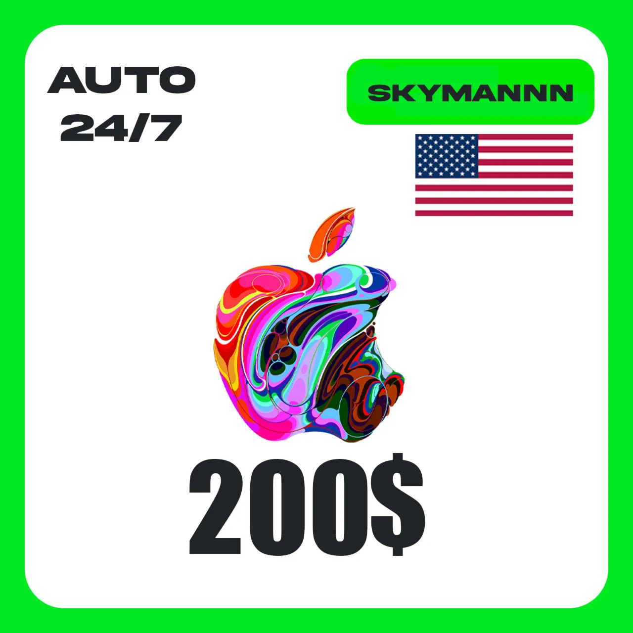 Apple iTunes 200$ USD США ПОДАРОЧНАЯ КАРТА АВТО 24/7 - irongamers.ru