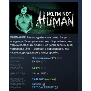 Купить No, I'm not a Human АВТОДОСТАВКА STEAM РОССИЯ