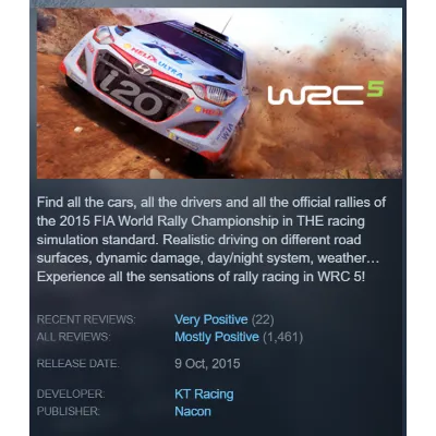 WRC 5 FIA World Rally Championship (Steam Key GLOBAL) - irongamers.ru
