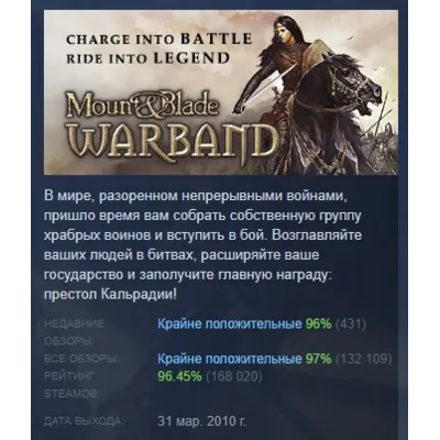 Mount and Blade: Warband АВТОДОСТАВКА STEAM GLOBAL МГНОВЕННО ЛИЦЕНЗИЯ - irongamers.ru