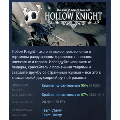 Hollow Knight АВТОДОСТАВКА STEAM GLOBAL МГНОВЕННО ЛИЦЕНЗИЯ - irongamers.ru