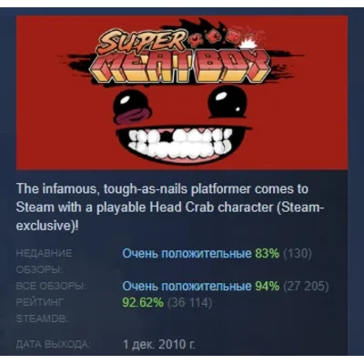 Super Meat Boy АВТОДОСТАВКА STEAM GLOBAL МГНОВЕННО ЛИЦЕНЗИЯ - irongamers.ru