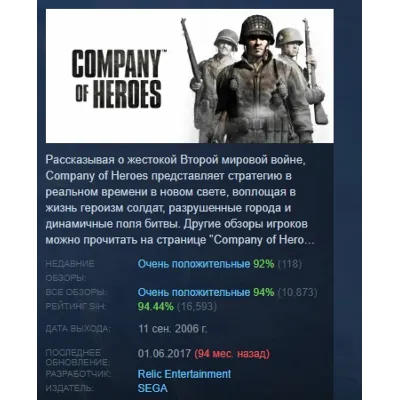 Company of Heroes АВТОДОСТАВКА STEAM GLOBAL МГНОВЕННО ЛИЦЕНЗИЯ - irongamers.ru