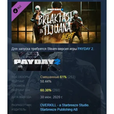 PAYDAY 2: Breakfast in Tijuana Heist DLC АВТОДОСТАВКА STEAM РОССИЯ - irongamers.ru