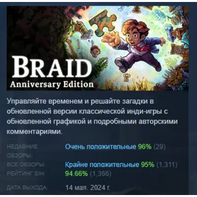 Braid, Anniversary Edition АВТОДОСТАВКА STEAM GLOBAL МГНОВЕННО ЛИЦЕНЗИЯ - irongamers.ru