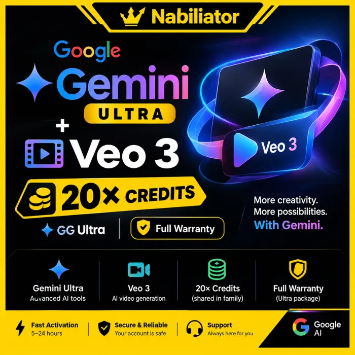 Gemini AI Ultra + Veo 3 · 25 000 случайных кредитов · 1 месяц + Antigravity