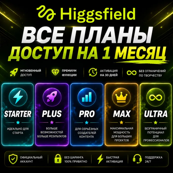 Higgsfield AI — доступ на 1 месяц: тарифы Basic, Plus, Ultra и Business