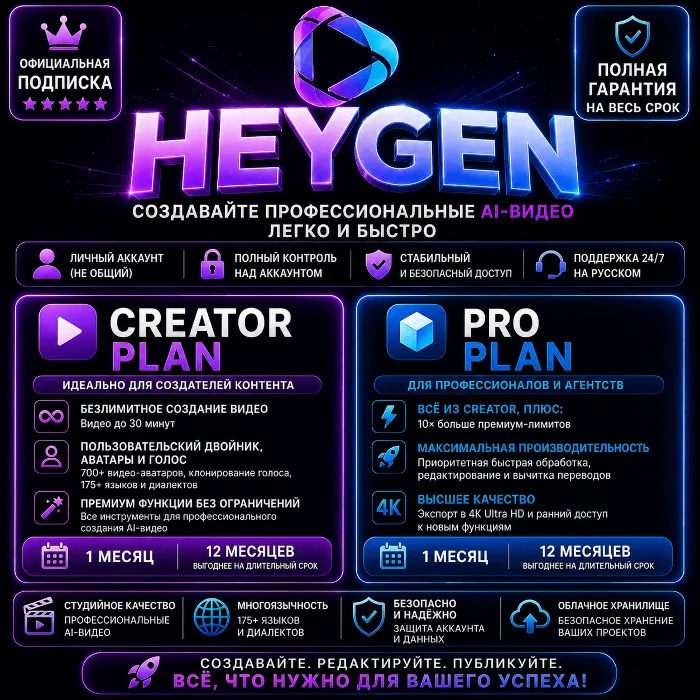 HeyGen Creator и Pro — Апгрейд или продление подписки · Доступ от 1 до 12 месяцев