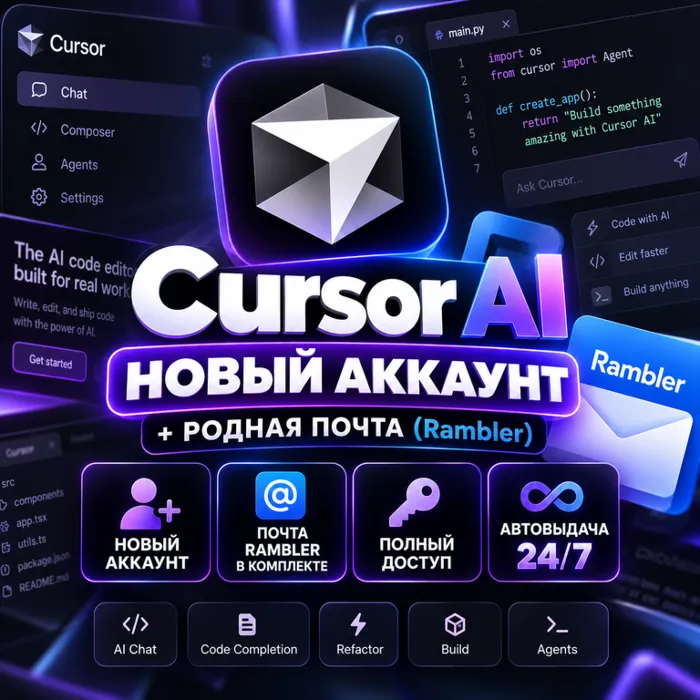 Cursor AI · Новый аккаунт + Родная почта (Rambler) · Полный доступ · Автовыдача 24 · 7