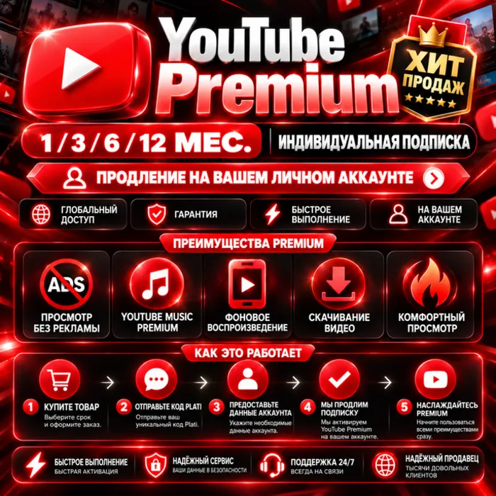 YouTube Premium на 1 · 12 месяц · Индивидуально · Ссылка · Без карты · Без входа