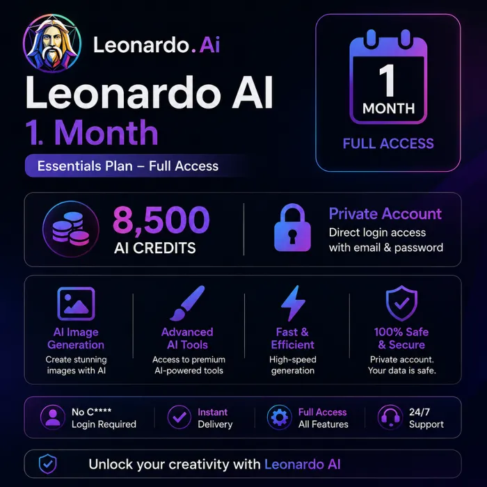 Leonardo AI Essentials (1 месяц) · 8 500 AI-кредитов · Личный аккаунт (почта + пароль