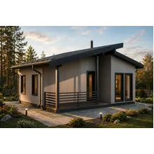 FH-18 — каркасный дом 66,5 м², 2 спальни, 1 санузел, терраса