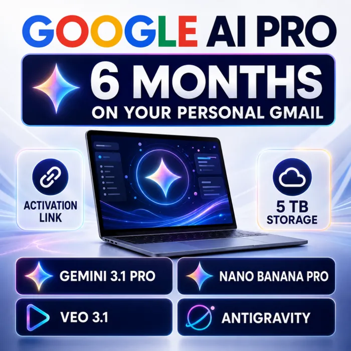 Google AI Pro 6 мес. Ссылка активации · Gemini 3.1 Pro, 5ТБ